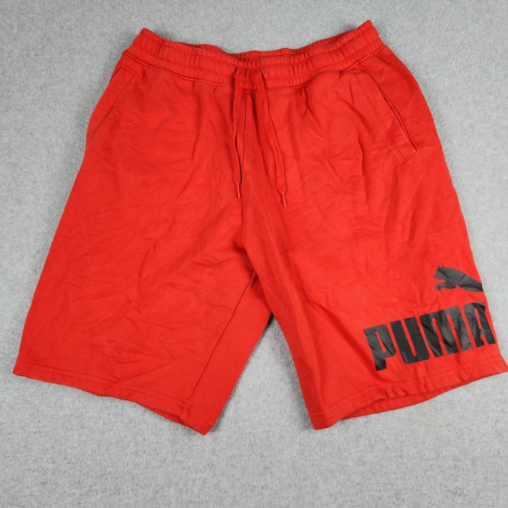 Puma Sweat Shorts Mens Medium Red Graphic Logo Athletic Fleece Lined Drawstring
